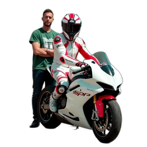 photorealistic, person, sitting, white, red, motorcycle, helmet, wearing transparent PNG cut-out