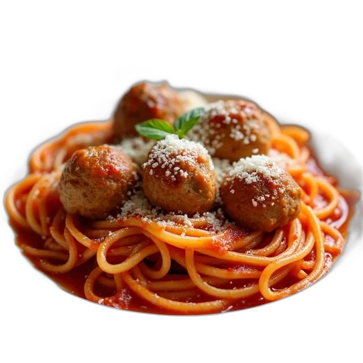 food, animal, photorealistic, 3d render, plate, spaghetti, meatballs, tomato transparent PNG cut-out