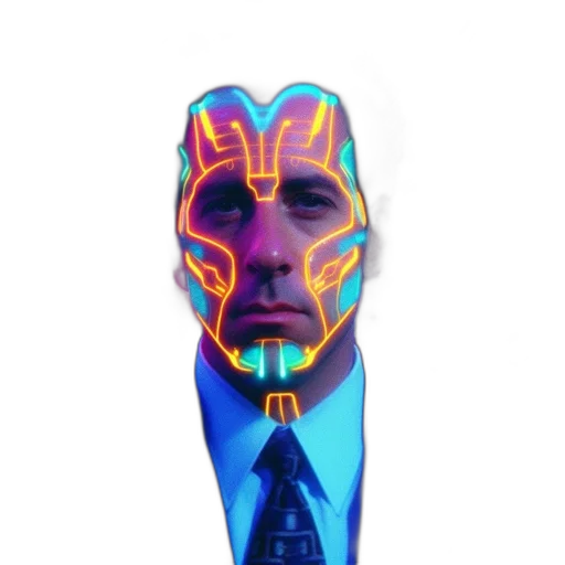 mask, face, staff, robot, vaporwave, cyberpunk, concept art, cartoon transparent PNG cut-out