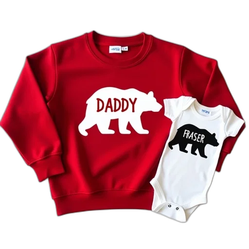 red, sweatshirt, white, bear, graphic, word, daddy, written transparent PNG cut-out