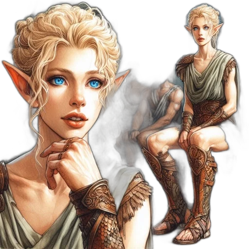 fantasy art, concept art, pixel art, photorealistic, earth tones, female, character, blue transparent PNG cut-out
