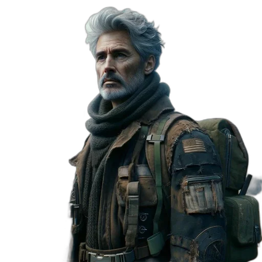 jacket, face, staff, weapon, concept art, cyberpunk, 3d render, fantasy art transparent PNG cut-out