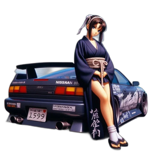 car, vaporwave, cyberpunk, concept art, photorealistic, neon lights, anime, woman transparent PNG cut-out