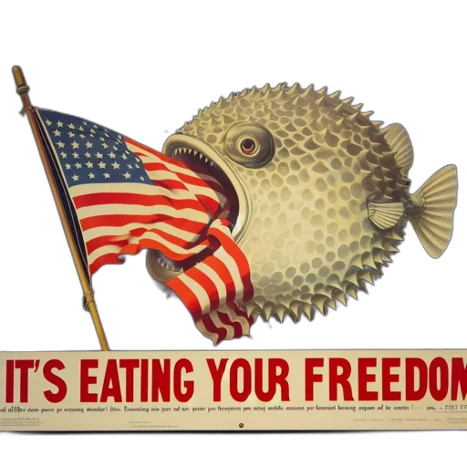 food, vintage, poster, features, blowfish, biting, torn, flag transparent PNG cut-out