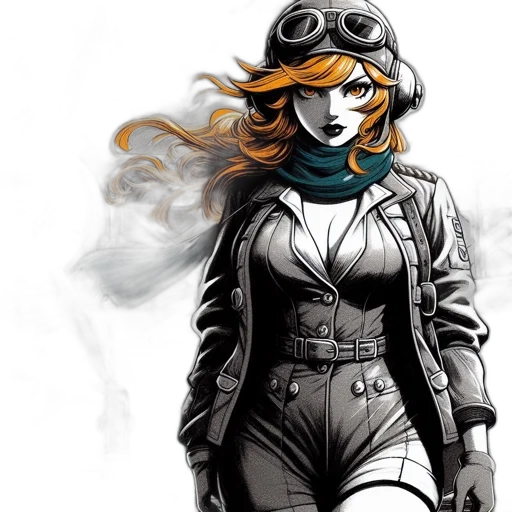 jacket, comic book art, concept art, fantasy art, cartoon, monochrome, female, pilot transparent PNG cut-out