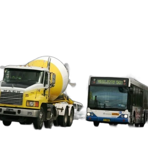 concept art, 3d render, yellow, cement, mixer, truck, white, bus transparent PNG cut-out