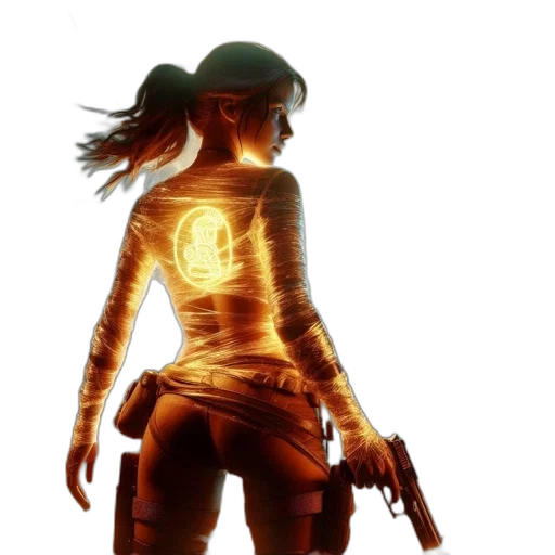 weapon, jacket, concept art, cyberpunk, 3d render, comic book art, golden, woman transparent PNG cut-out