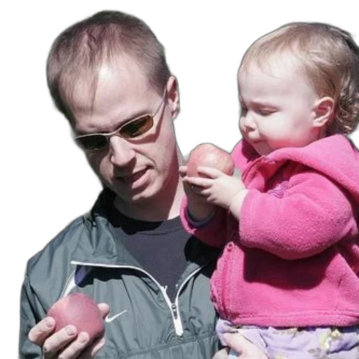 jacket, photorealistic, man, child, hold, apples, orchard transparent PNG cut-out