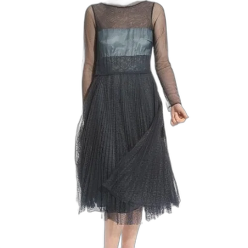 dress, woman, wearing, black, long-sleeved, sheer, overlay, pleated transparent PNG cut-out