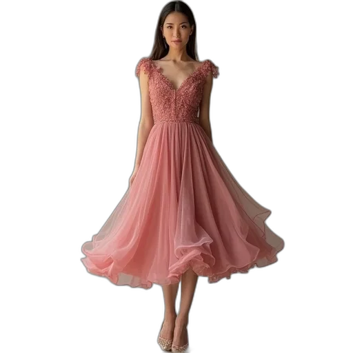 dress, photorealistic, 3d render, line, neck, knee, length, chiffon transparent PNG cut-out