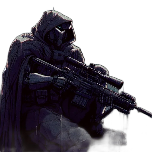 weapon, mask, concept art, comic book art, pixel art, fantasy art, fog, monochrome transparent PNG cut-out