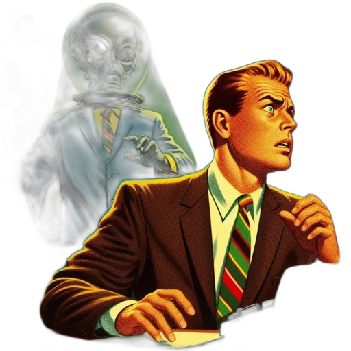 jacket, concept art, comic book art, pixel art, green, man, desk, surrounded transparent PNG cut-out