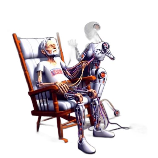 robot, staff, concept art, cyberpunk, pixel art, 3d render, elderly, man transparent PNG cut-out
