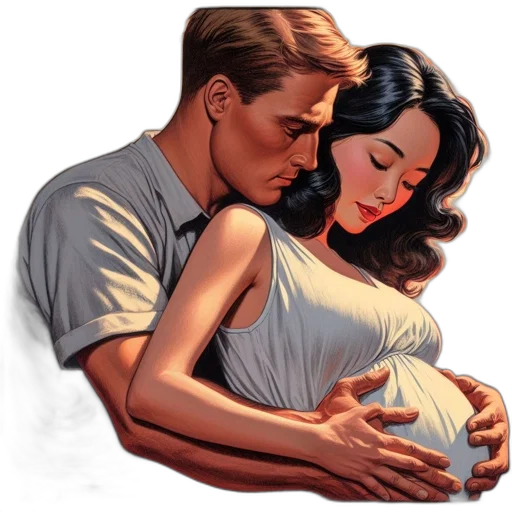 photorealistic, comic book art, oil painting, concept art, expectant, couple, shares, intimate transparent PNG cut-out