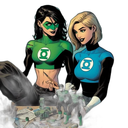 comic book art, concept art, green, two, superheroes, one, blue, sit transparent PNG cut-out