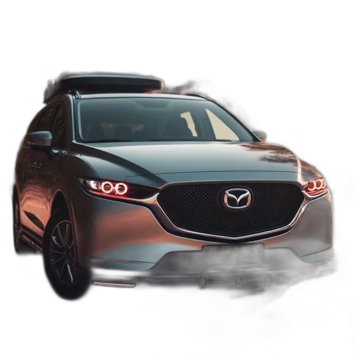 car, 3d render, photorealistic, concept art, silver, mazda, illuminated, headlights transparent PNG cut-out