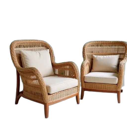 furniture, 3d render, photorealistic, pair, wicker, armchairs, woven, design transparent PNG cut-out