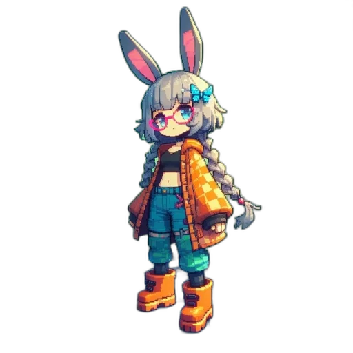 weapon, staff, jacket, robot, pixel art, concept art, 3d render, cyberpunk transparent PNG cut-out