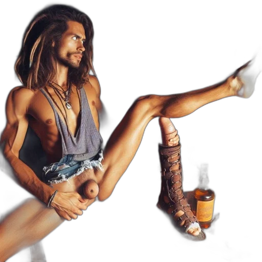 shoes, bottle, photorealistic, concept art, fantasy art, oil painting, man, long transparent PNG cut-out
