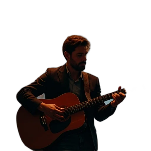 jacket, photorealistic, concept art, man, plays, his, guitar, music transparent PNG cut-out