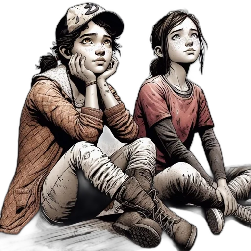 comic book art, concept art, photorealistic, cartoon, two, girls, sit, outdoors transparent PNG cut-out