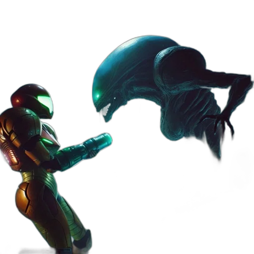 robot, creature, weapon, mask, concept art, 3d render, pixel art, outer space transparent PNG cut-out
