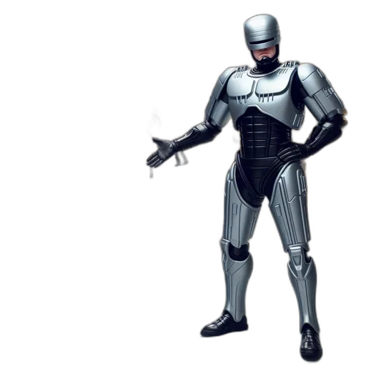 robot, weapon, concept art, 3d render, comic book art, pixel art, monochrome, robocop transparent PNG cut-out