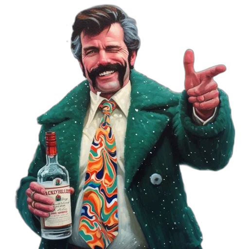 jacket, face, bottle, staff, photorealistic, oil painting, concept art, jovial transparent PNG cut-out