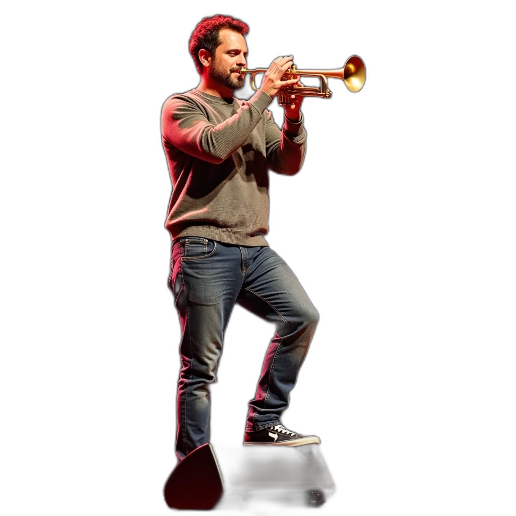 weapon, staff, concept art, man, playing, trumpet, stage, wearing transparent PNG cut-out