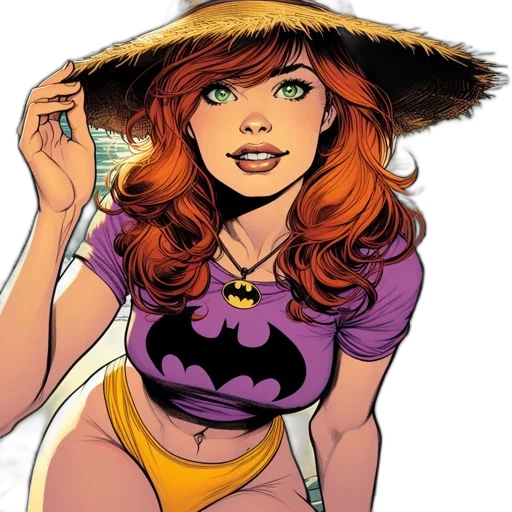comic book art, concept art, cartoon, stylish, woman, wearing, batman, shirt transparent PNG cut-out