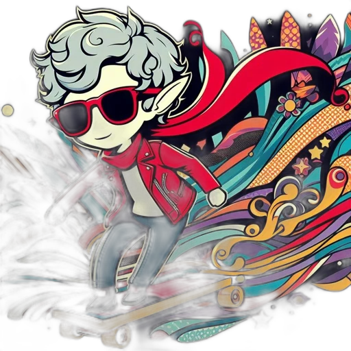 concept art, fantasy art, comic book art, cartoon, red-clad, animated, boy, skateboard transparent PNG cut-out