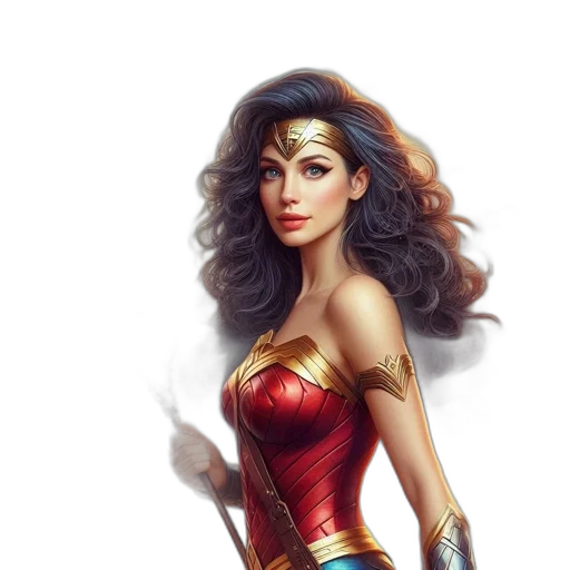 comic book art, fantasy art, concept art, photorealistic, woman, resembling, wonder, stands transparent PNG cut-out
