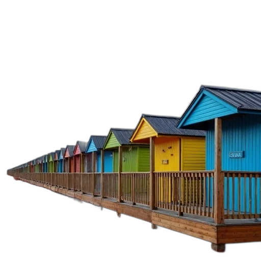 building, umbrella, furniture, 3d render, photorealistic, concept art, beach, colorful transparent PNG cut-out