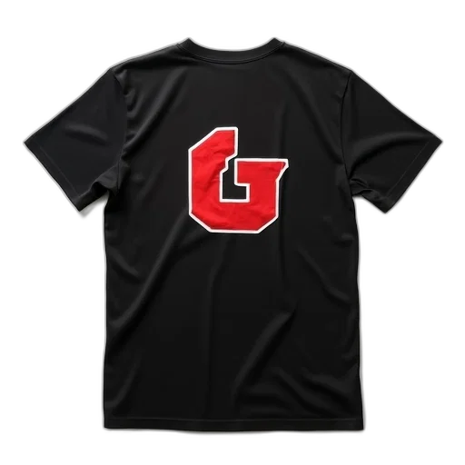 black, t-shirt, red, white, logo, back, displayed, against transparent PNG cut-out