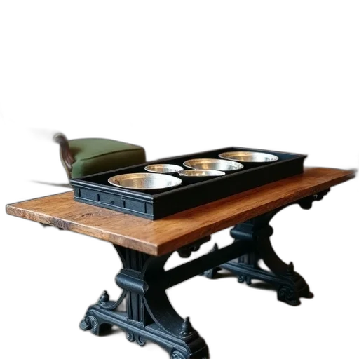 furniture, 3d render, wooden, table, black, metal, base, top transparent PNG cut-out
