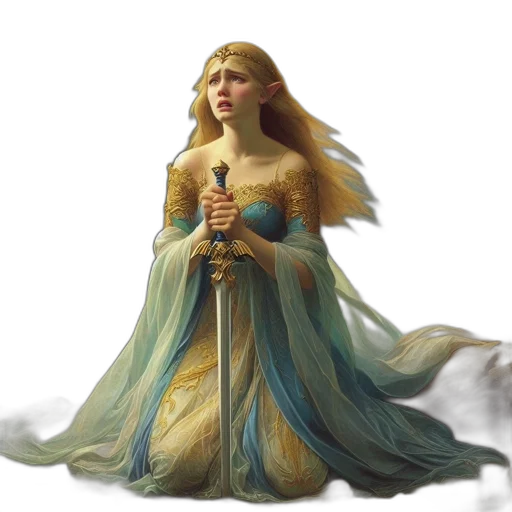 dress, fantasy art, concept art, 3d render, pixel art, snow, golden, blue transparent PNG cut-out