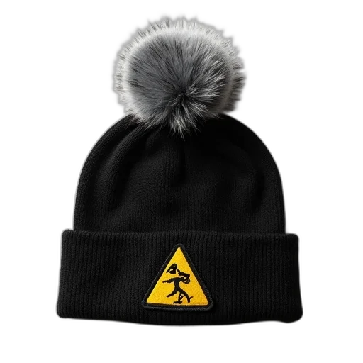 hat, black, beanie, grey, pom-pom, top, yellow, logo transparent PNG cut-out