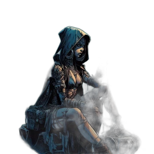 dress, jacket, mask, robot, concept art, fantasy art, cyberpunk, comic book art transparent PNG cut-out