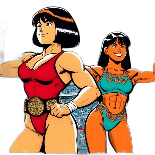 comic book art, concept art, cartoon, pixel art, two, female, wrestlers, face transparent PNG cut-out
