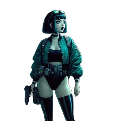 jacket, robot, weapon, staff, concept art, cyberpunk, comic book art, 3d render transparent PNG cut-out