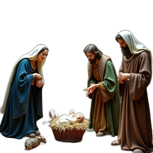 food, photorealistic, 3d render, concept art, snow, nativity, scene, group transparent PNG cut-out