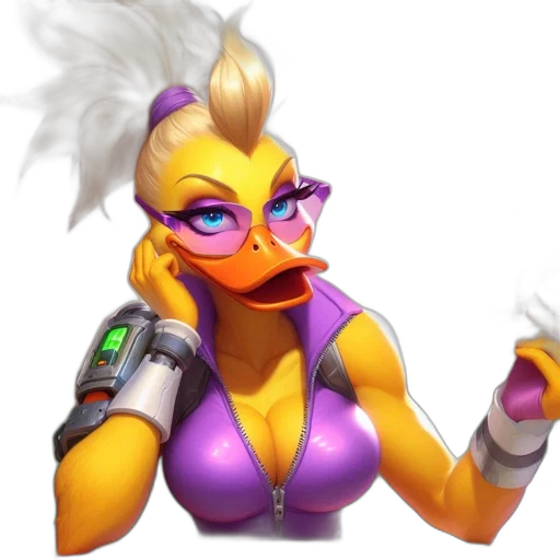 concept art, cyberpunk, pixel art, fantasy art, neon, anthropomorphic, duck, woman transparent PNG cut-out