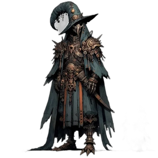 hat, staff, mask, concept art, fantasy art, pixel art, comic book art, dark transparent PNG cut-out