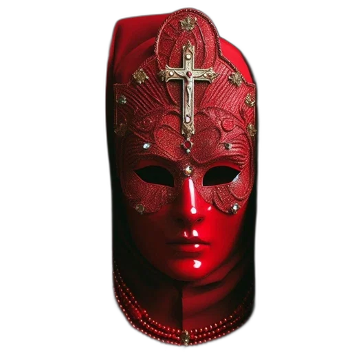 mask, crown, jewelry, face, photorealistic, red, vibrant, elaborate transparent PNG cut-out