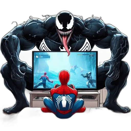 comic book art, concept art, pixel art, 3d render, depiction, venom, watches, spider-man transparent PNG cut-out