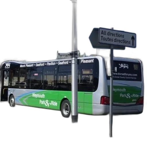 3d render, photorealistic, green, white, bus, text, weymouth, park transparent PNG cut-out