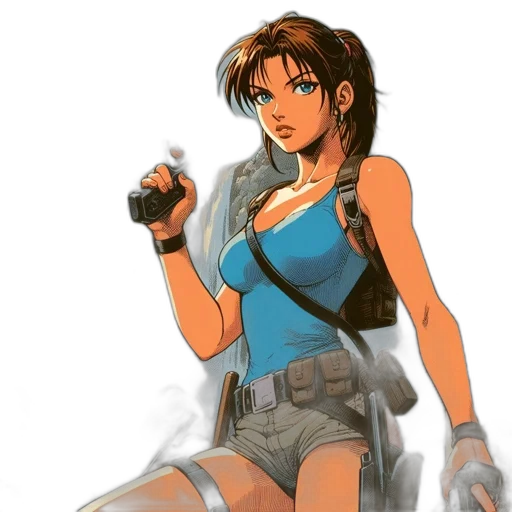 weapon, concept art, pixel art, anime, comic book art, blue, determined, female transparent PNG cut-out