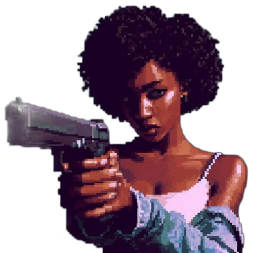 weapon, jacket, face, robot, pixel art, concept art, cyberpunk, vaporwave transparent PNG cut-out