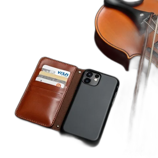 brown, leather, wallet, black, phone, case, attached, lying transparent PNG cut-out