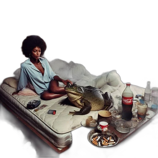 food, concept art, photorealistic, fantasy art, oil painting, woman, afro, sits transparent PNG cut-out